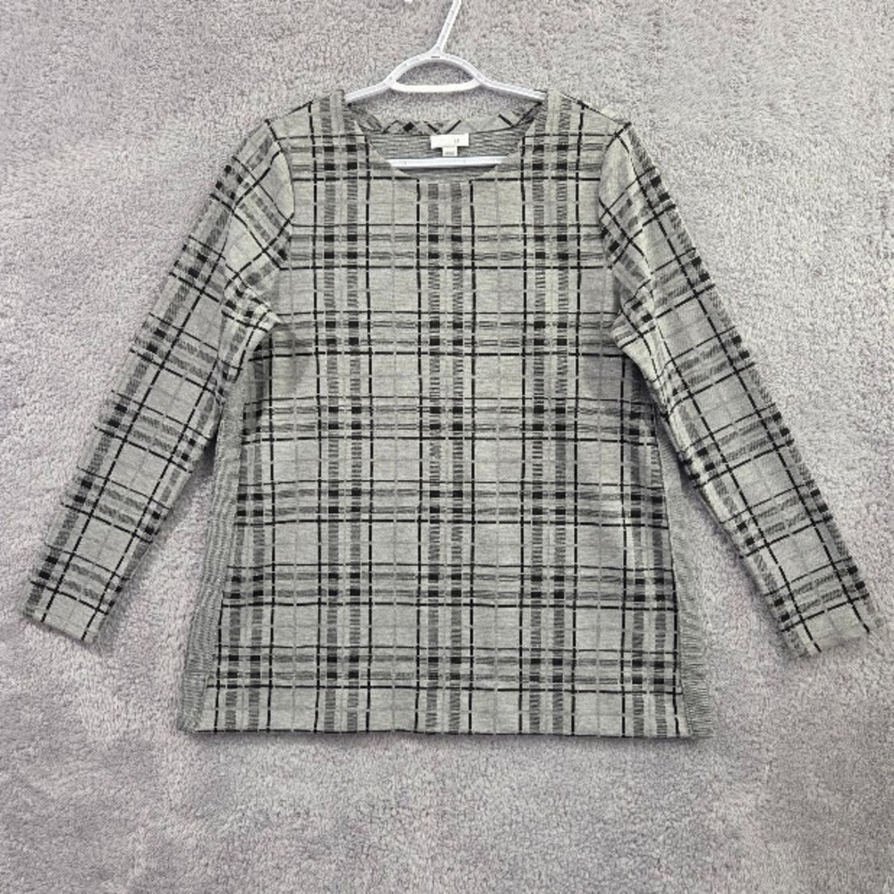 J. Jill Plaid Knit Top Women's Small Gray Metallic Long Sleeve Crew Neck